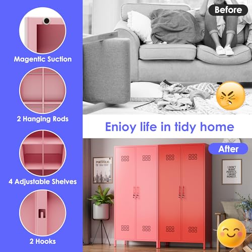 Image of METAN Extra Deep 2 Doors Metal Wardrobe Cabinet, Closet with Lock, Pink | 71 inchH*33.5 inchW*20 inchD Adjustable Shelves & Hanging Rod,Heavy Duty Steel Storage Armoire for Home,Assembly Required