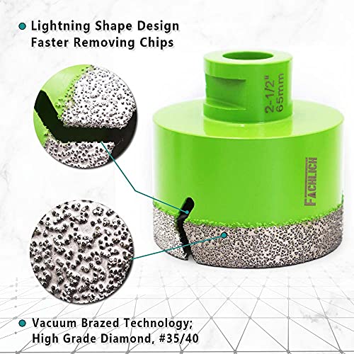 Image of Diamond Core Drill Bit,2pcs Diameter 2-1 /2 inch 65mm Thread 5 /8-11,Vacuum Brazed Dry Wet Hole Saw for Porcelain Tile,Granite,Marble,Concrete,Masonry,Brick