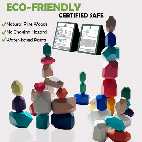 Stacking Rocks 40 Pieces, Over 3 Years Old, Educational Toddler Stacking Blocks, Promotes Imagination, Balance & Fine Motor Skills - Wooden Rocks Sensory Toys Gift for Kid, Boy Girl Pack