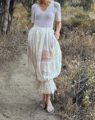 Image of UAURORAO Women Lace Trim Bloomer Pants Flowy Culottes Pantaloons Bloomers