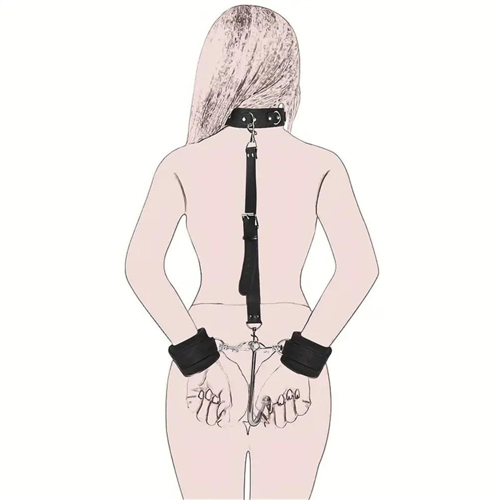 1 Set de Collar de Cuero Negro Ajustable con Gancho para Esposas, Haz el Juego Más Divertido
