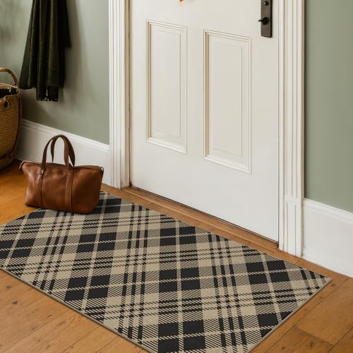 JTJ Vintage Indoor Entrance 2x4 Runner Rug - Easy Jute Woven Throw Rug for Indoor Outdoor Area, Non Slip Washable Kitchen Mat, Low Pile Black and Whit