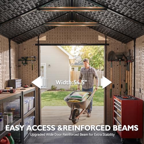 Image of LazySunsets 8x10 Ft Outdoor Storage Shed with Light, Large Resin Outdoor Shed with Floor Included, 3 Windows & Lockable Door, Garden Plastic Storage Sheds for Bike, Lawn Tools, Garbage Can