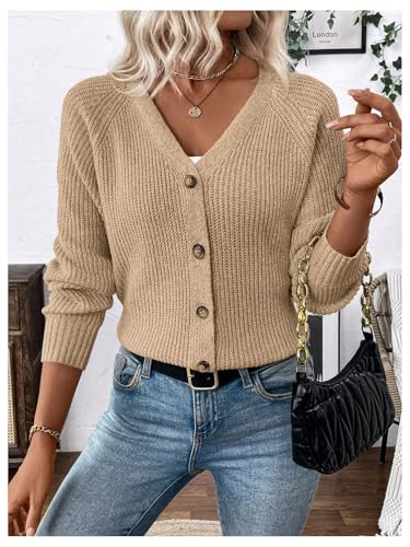 Image of MakeMeChic Women's V Neck Button Down Long Sleeve Cardigan Sweater Drop Shoulder Ribbed Knit Outerwear Brown Small