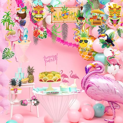 Image of 32pcs Aloha Party Decorations Hawaiian Luau Hanging Swirls Tropical Summer Tiki Party Decorations Flower Palm Flamingo Sign Foil Ceiling Hawaiian Decor Ect Beach Hawaiian Party Supplies