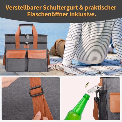 LARUTAN Kühltasche Kühltasche groß 30L Thermotasche Isoliertasche – doppelschichtig, faltbar & wasserfest, Lebensmitteltransport für Picknick, Camping & Einkauf, Grau 4
