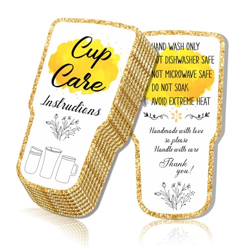 Tumbler Care Instruction Cards,50 Pack Gold Glitter Cup Care Inserts, Double-Sided Glass Mug Cleaning Cards for Small Business Packaging, Thank You Tags for Handicraft Workshops (Cup Care-Yellow)