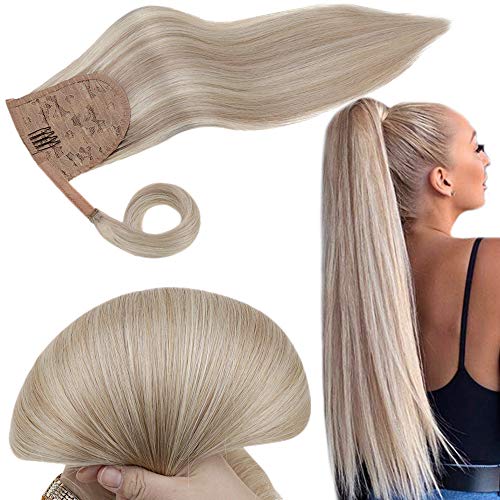 RUNATURE Human Hair Ponytail, 18 Inches 80g Blonde Mixed Dirty Blonde Highlights Color Remy Hair, Wrap Around Ponytail Extension Hair Piece Ponytail Clip Hair Extensions