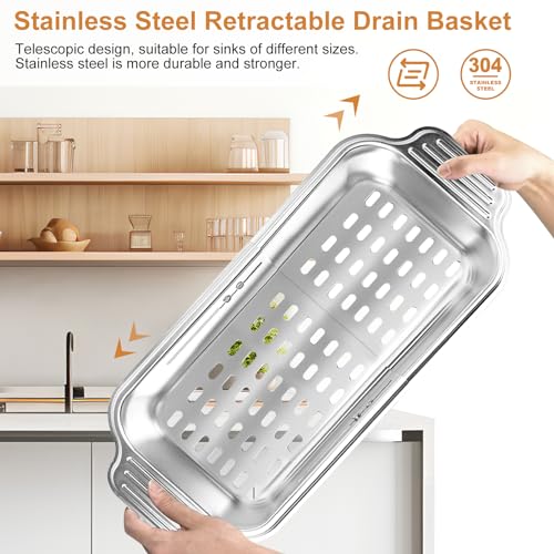 Scolapasta da Lavello, Scolapasta Acciaio Inox, Setaccio Estensibile per Lavello, Accessori Cucina Ideale per Lavare Frutta e Verdura, Scolare la Pasta Cotta - Medio - immagine 3
