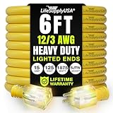 12/3 6ft 300V SJT Extension Cord LED Lighted End Prong for Indoor + Outdoor use
