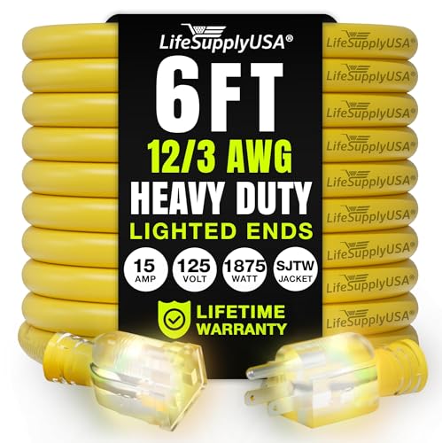 6ft Outdoor/Indoor Extension Cord 12/3 Gauge Extra Heavy Duty 3 Prong SJTW, Waterproof, Flexible Cold-Resistant Long Power Cord,15A 125V 1875W, Yellow by LifeSupplyUSA