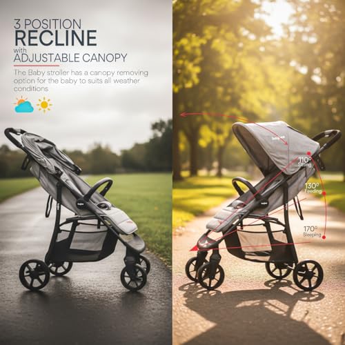 Image of BAYBEE Baby Stroller for 0 to 3 Years Foldable Travel Pram, Multifunctional Toddler Seat & Infant Pramette with 360 Wheels, Canopy, Recline Seat, 5 Point Safety Harness & Storage Basket (Silver)