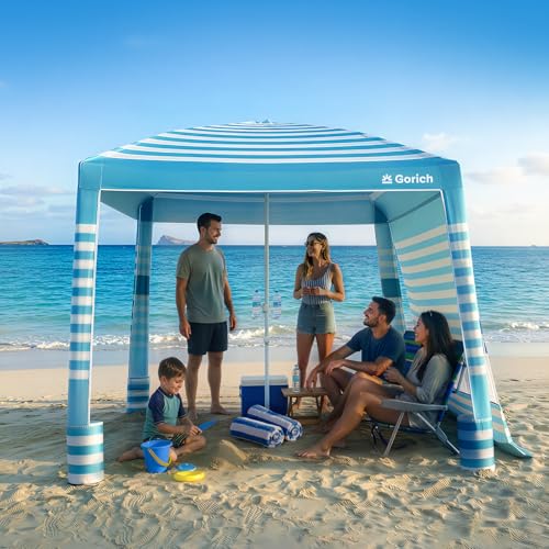 Gorich Beach Cabana with UPF50+ UV Protection 8x8 FT/10x10 FT Beach Canopy Tent with Side Wall Easy Setup Windproof Portable Sun Shelter Shade for Family