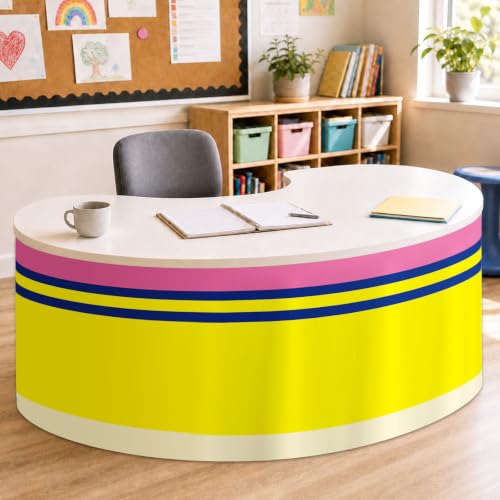 Image of 9FT Pencil Table Skirt Colorful Teacher Desk Skirt Classroom Table Cover for Back to School Decor Rectangle Tablecloth for First Day of School Party Supplies Kindergarten Office Bookcase Cabinet