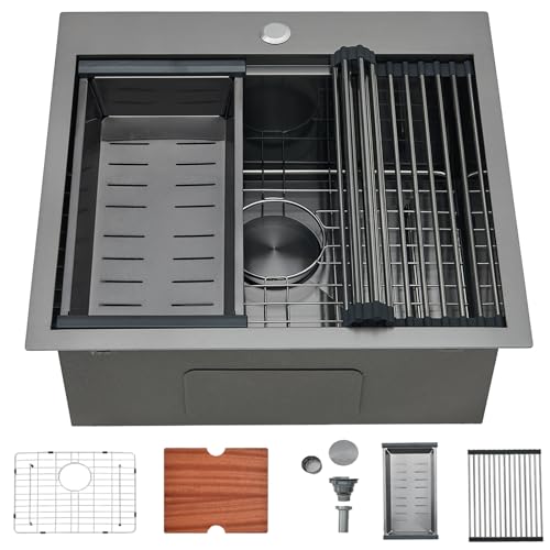 Image of SHACO 21 Inch Black Drop In Kitchen Sink, 21x20 Inch Gunmetal Black Top Mount 16 Gauge Stainless Steel Single Bowl Workstation RV Small Kitchen Outdoor Laundry Wet Prep Sink with Accessories