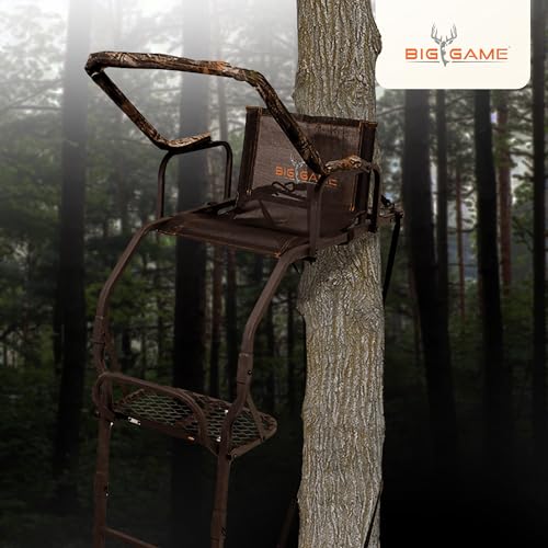 BIG GAME 1-Person Ladder Tree Stand for Hunting Deer, Flex-Tek Seat, Black - Adjustable Climbing Treestand with Platform and Safety Harness for Shooting