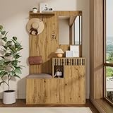 SUKY Set di appendiabiti, 110 x 185,5 x 37 cm, guardaroba compatto, da corridoio, con specchio e cuscino imbottito, per corridoio, soggiorno, scaffali, pannelli per guardaroba e corridoio, scarpiera