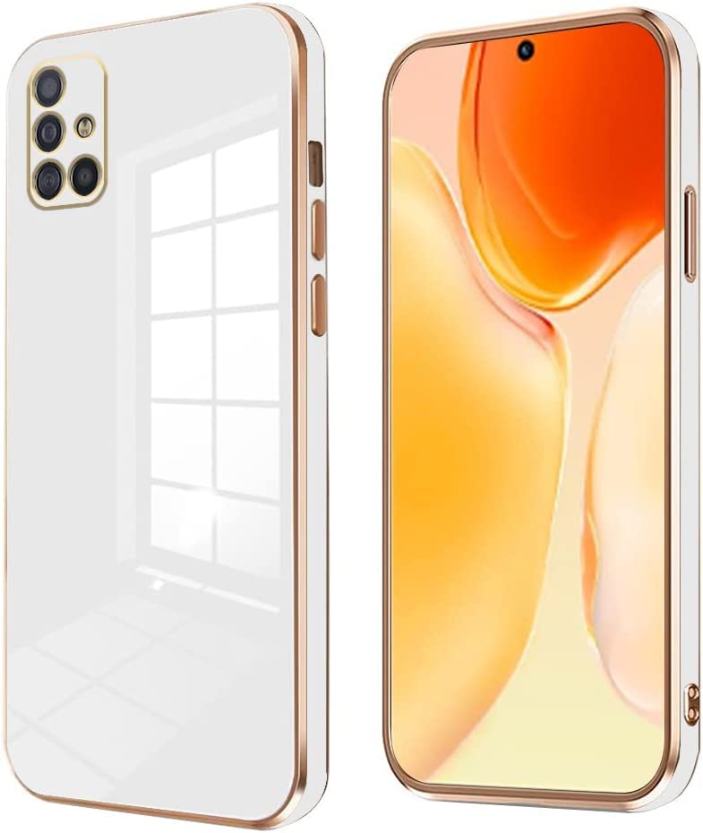Erams Online for Samsung Galaxy A71 Luxury 6D Plating Soft Casing Silicone Square Frame Gold Phone Case for Samsung Galaxy A71 (White)