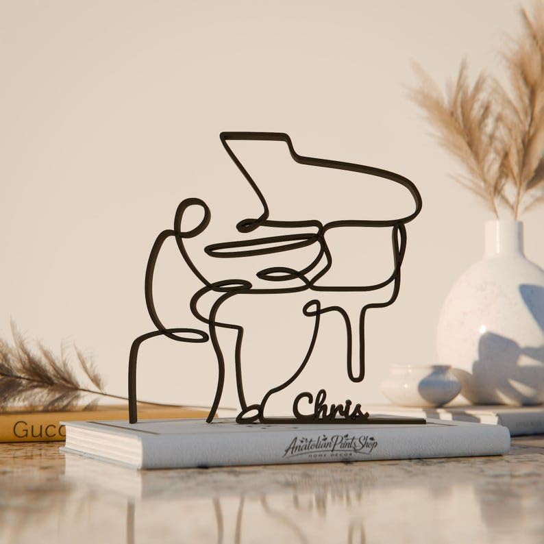 Black Personalized Pianist Plastic Line Art Figure Custom Name Modern Piano Player Sculpture Stylish Musician Inspired Home Office Decor Artistic Living Room Table Shelf Display Creative Gift India-picture-28
