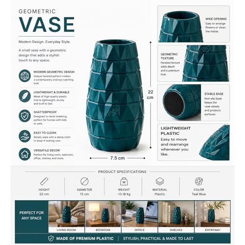 Image of Divyakosh Decorative VASE ONLY for Home Decor | Geometric Flower Vase for Center Table, Bedroom,Office & Shelf Decoration| Home Decoration Items for Living Room| Decorative Items|Teal Green Pot |