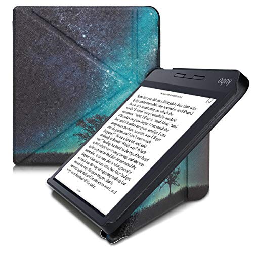 kwmobile Origami Case Compatible with Kobo Libra H2O - Slim Premium PU Leather Cover with Stand - Cosmic Nature Blue/Grey/Black
