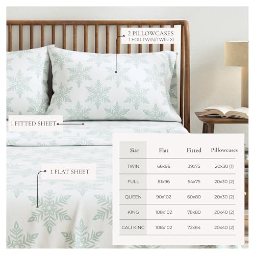 Image of Great Bay Home Flannel Sheet Set Twin Size - 100% Turkish Cotton, Double-Brushed, Lodge-Printed Bed Sheets - Ultra-Soft, Cozy, 3-Piece Bedding Set (Snowflake- Simple White)