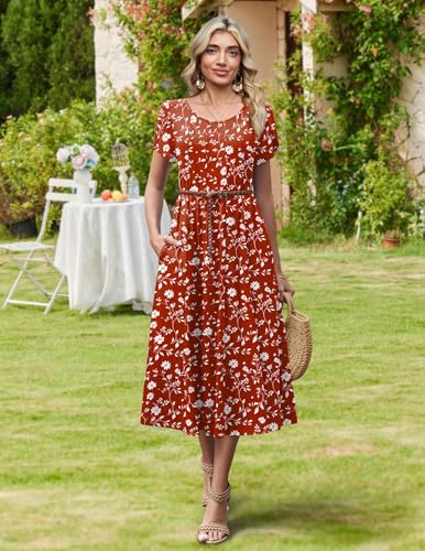 HOTOUCH Summer Dresses for Women 2026 Casual Dress Floral Midi Sundress Womens Spring Dress Boho Long Beach Dresses, Red Floral 01,XL