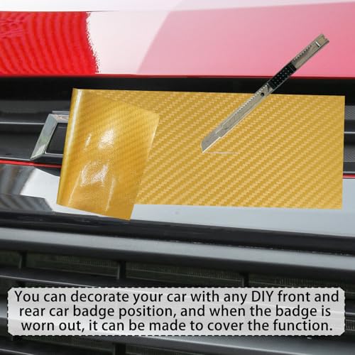Image of QianBao Compatible with Carbon Fiber Vinyl Wrap 11.8 inch x 4 inch Chevy Bowtie Emblem Wrap Kit with Spatula and Cutter 3 Pcs Universal Logo Overlay Gold