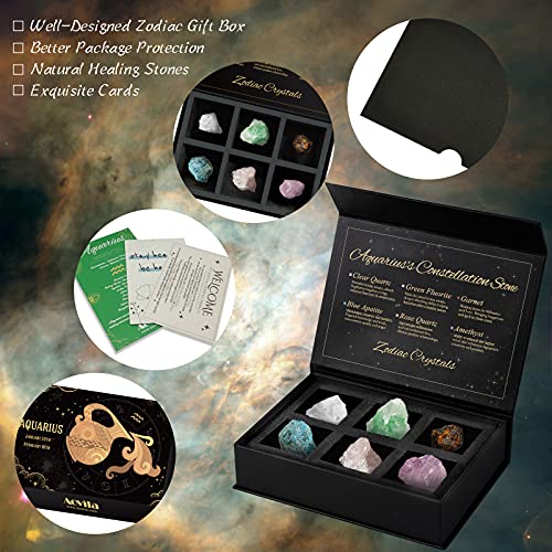 Image of Aquarius Crystals Gift Set, Zodiac Signs Healing Crystals Birthstones with Horoscope Box Set Astrology Crystals Aquarius Healing Stones Gifts