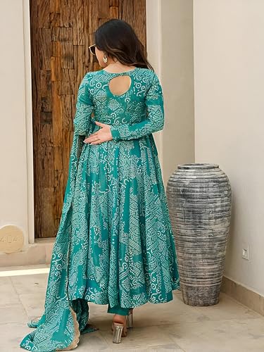 Image of Pinkmint Women's Bandhani Print Flared Anarkali Muslin Kurta Set with Pant & Stylish Dupatta Ethnic Long Sleeve Dress Suit Set (Avaiable in Plus size)