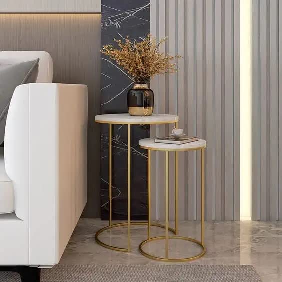 Image of Brown Arts Shoppee Round Nesting Tables Simple Modern Small Round Table MDF Top Metal Table Living Room Sofa Set of 2 (Golden & White)