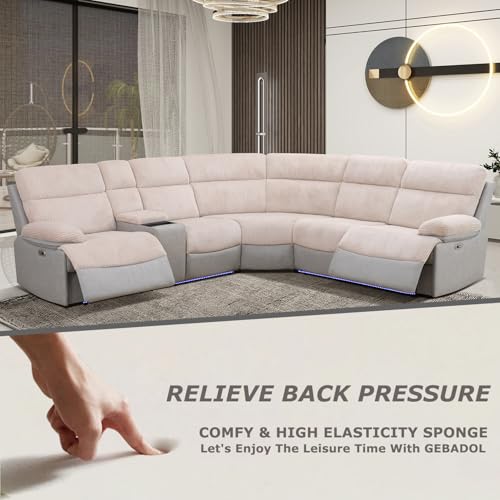 Image of Power Recliner Sectional Sofa, Beige & Grey Plush Sofa, Sectional Couch with Storage Console, Reclining Living Room Sofa with USB /LED Lights