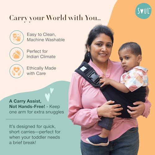 Image of SoulSlings Imbu Buckle Hip Sling Baby Carrier - 100% Cotton - Black | Baby Toddler Carrier | Lightweight Sling Baby Carrier for Babies & Toddlers | Adjustable for 6-30 Months (Upto 20kg)