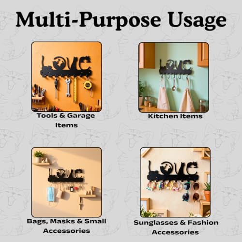 Image of Meet DECOR Metal Love Spelled Cat Design Key Holder with 8 Hooks | Decorative Wall Mounted Key Rack Organizer | Stylish Cat Lover Gift | Key Hanger for Entryway, Hallway, Kitchen, Office