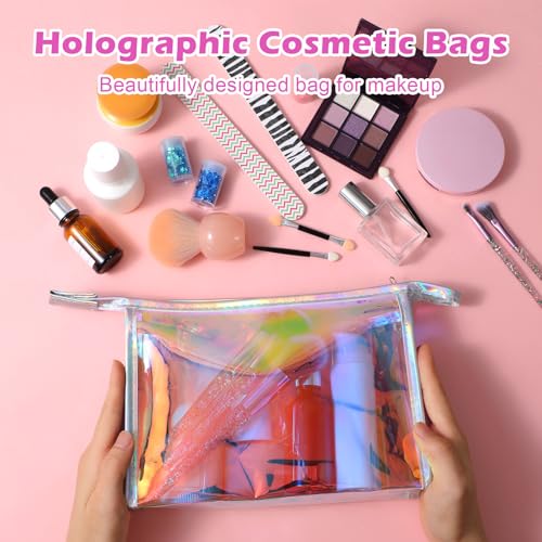 10 Pcs Iridescent Makeup Bags, Holographic Cosmetic Organizer, Waterproof Travel Toiletry Pouch with Zipper, Portable Organizer for Women, Clear PVC Gift Bags4
