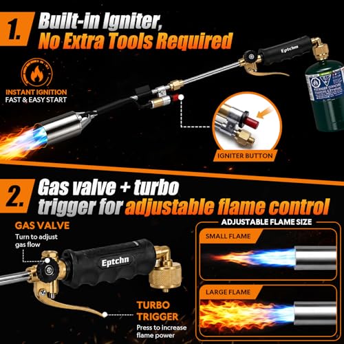 Image of Propane Torch Weed Burner, 33.4 inch Heavy Duty Propane Weed Torch with Push Button Igniter, Weed Torch Propane Burner for Weeds, Snow Melting, Roofing & Asphalt, Flame Thrower for Weeds