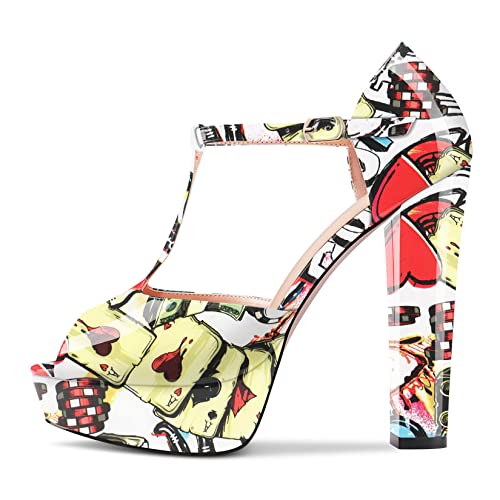 Aachcol Women Platform T-strap Chunky Block High Heel Sandals Round Peep Open Toe Ankle Strap Two-Piece Dress Shoes Pumps Party Wedding Patent 5 Inch2