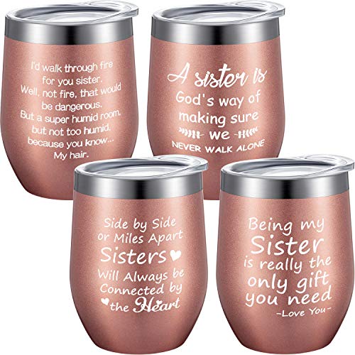 4 Pieces Sister Wine Tumbler Set, Funny Gifts for Christmas, Sister in Law, Friends, Soul, Big Sister, Sister Gift from Sister Brother, 12 oz Coffee Mug with Straws, Lids and Brushes (Rose Gold)