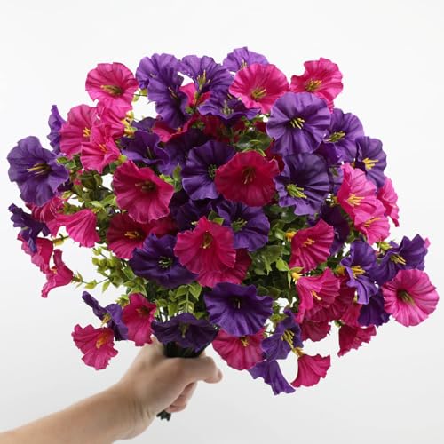 12 Bundles Artificial Flowers for Outdoors Decoration, Fake Silk Morning Glory Flowers Faux Eucalyptus Plants UV Resistant for Patio Garden Home Decor (Hot Pink+Purple) image 4