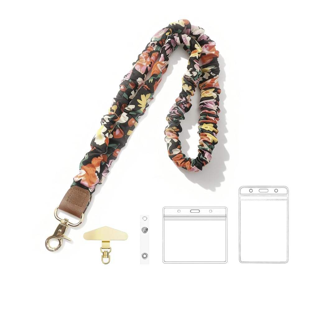 Scrunchie Lanyard for ID Badges Cellphone Keys,Stretchy Lanyards for Teachers,Retractable Teacher Neck Lanyard with ID Card Holder Phone Tether for Women (flower color)-image-46