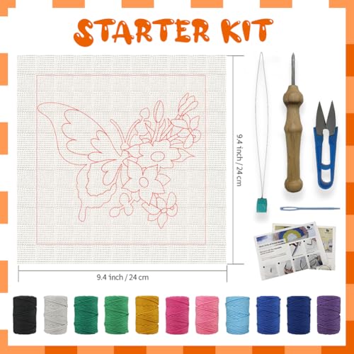 Image of BEUNITONE 2 Sets DIY Punch Needle Kits for Beginners,Butterfly Pre-Printed Pattern,Embroidery Punch Needle Starter Kits for Adults,Includes Pre-Printed Cloth,Yarns,Hoops,Threader and Instructions