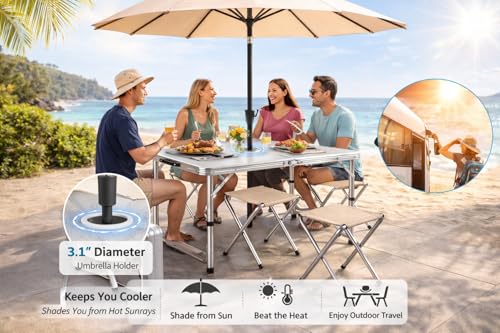 Image of Yorten Picnic Table with 4 Stools Set, Aluminum Lightweight Outdoor Table Foldable Travel Dining Table with Carry Case, for Camping, Picnic, Garden, Beach & Travel (Umbrella is not incluted)
