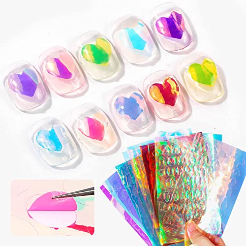 Silpecwee QTZ9874 11 Sheets Aurora Nail Foil Laser Nail Stickers Glass Paper Nail Art Stickers Iridescent Cellophane Nail Designs Stickers Holographic Film 3D Nail Decoration thumb #1