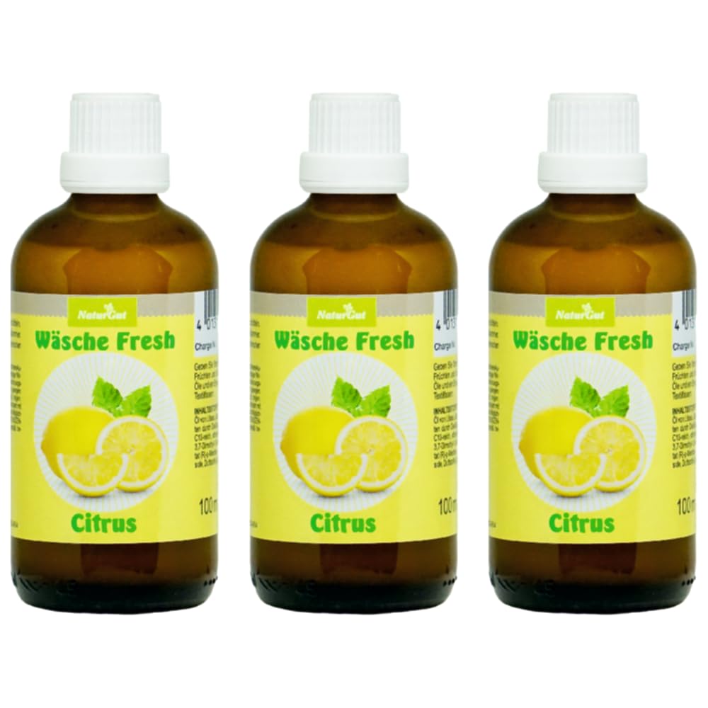NaturGut Wäsche Fresh Citrus 3er Sparset (3 × 100 ml) – Waschparfüm mit 100% ätherischen Ölen – Frischer Zitrusduft aus Orange, Zitrone & Litsea Cubeba – Wäscheduft für Waschmaschine – Vegan