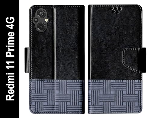 Image of Flip Cover for Redmi 11 Prime 4G Back Cover Case with Magnatic Closure | Inbuilt Stand | Card & Money Pocket (Dual Black)