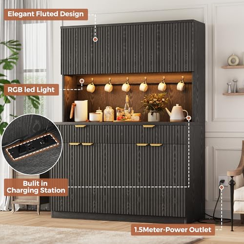Image of Fluted Kitchen Pantry Storage Cabinet with Charging Station /LED Light /Drawer /Doors /Shelves, 71'' Tall Kitchen Food Hutch with Microwave Stand for Dining Room Living Room (Black, 47*15.7*71)