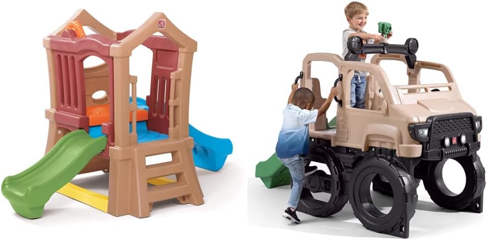 Step2 Play Up Double Slide Kids Climber & Safari Truck Climber | Large Outdoor Kids Climber Playset, Brown
