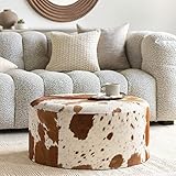 Hair On Hide Large Round Leather Ottoman Brown Cream Solid Farmhouse Modern Contemporary Cowhide Foam Handmade