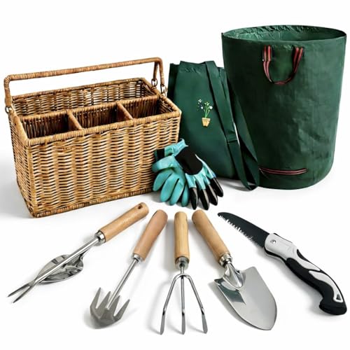 All-in-One Garden Tool Set with Basket, Stainless Steel Garden Tools with Wooden Handles, Garden Apron/Garden Waste Bags/Gardening Gloves Gardening Gift Set