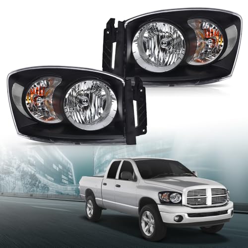 Image of GRAND ORANGE Headlights Assembly w /Bulbs Left and Right Side Compatible with Dodge Ram 1500 Truck 2006-2008 Fit for Dodge Ram 2500 3500 Truck 2006-2009 Clear Lens Black Housing Clear Reflector